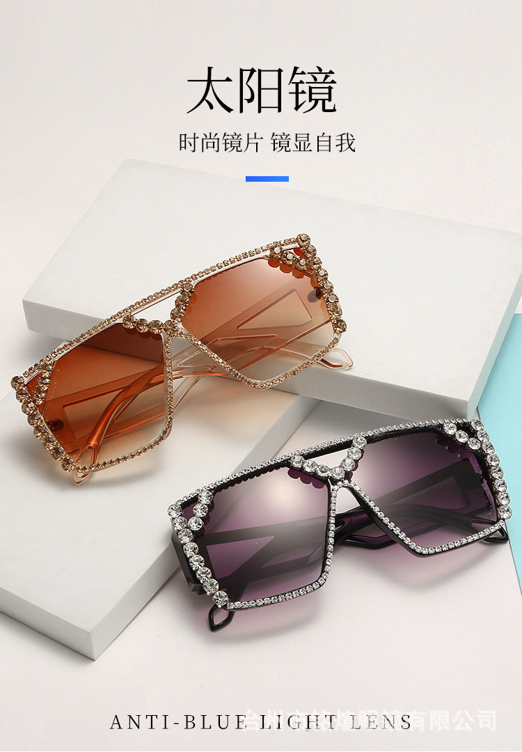 European and American personality large frame diamond sunglasses, exaggerated round face, UV resistant sunglasses, large box outdoor sunglasses for women
