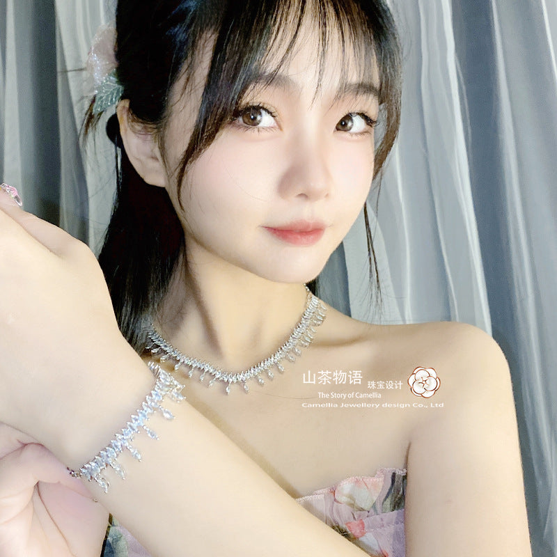 Camellia赵露思同款颈链套装微镶满钻百搭小众设计高级感流苏手链