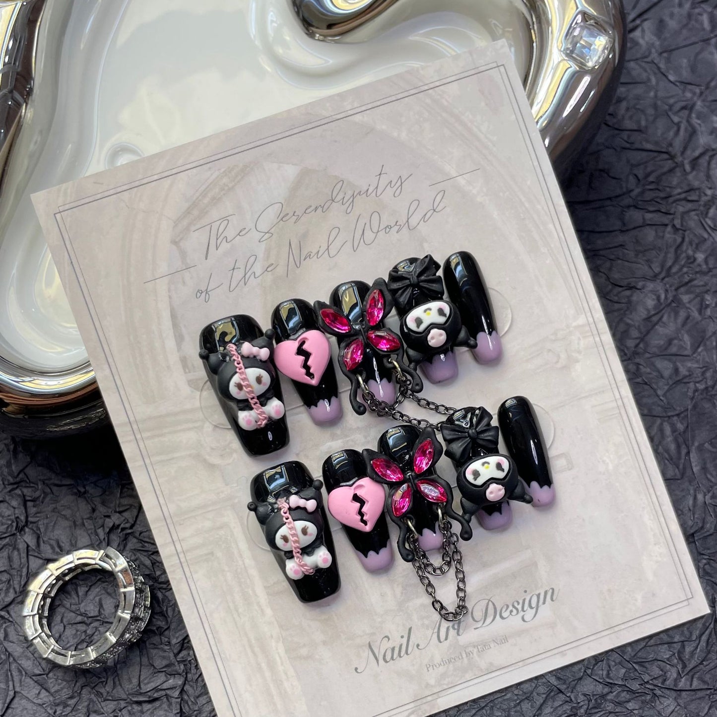 (reusable nail)Hand-worn nail nail patch nail patch smudged black powder Kuromi chain detachable manicure