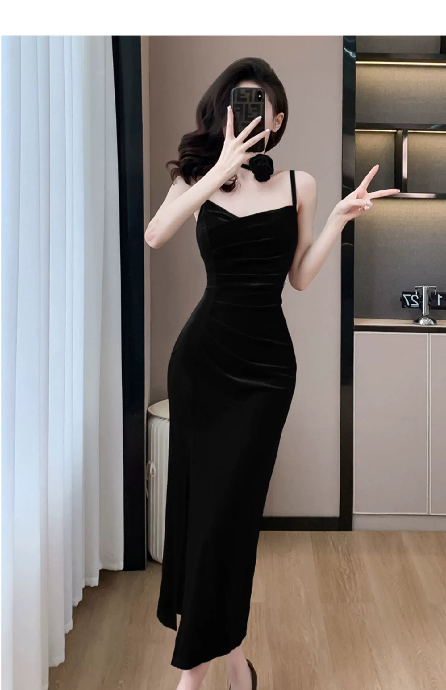 Fashion women's wear French Style Adult Lady like Woman Pleuche Spaghetti-Strap Dress Women's High-Grade Red Evening Dress 2024 Spring Women's Clothes Long Dress