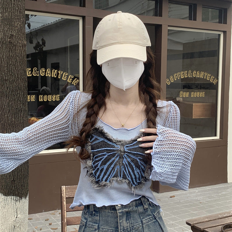 Dopamine tops Free shipping Tattoo Blue short top women's summer sweet and spicy tulle sunscreen blouse backing autumn wear dopamine music festival long-sleeved T-shirt