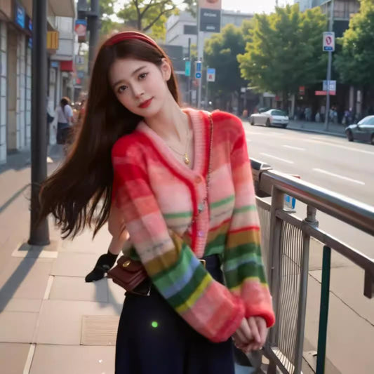 Dopamine tops Free shipping Tattoo Cross-border dopamine rainbow contrasting stripes knitted cardigan women's autumn new lazy age-reducing loose and sweet sweater