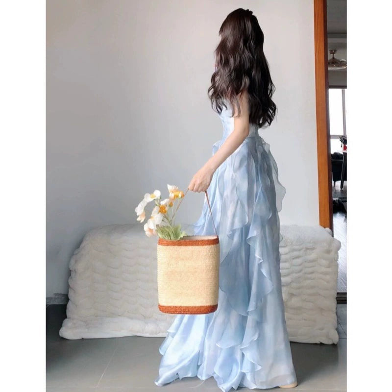Fashion women's wear Seaside Vacation Style Blue Sling Dress Female Summer New Super Nice Niche Design French Fairy Skirt