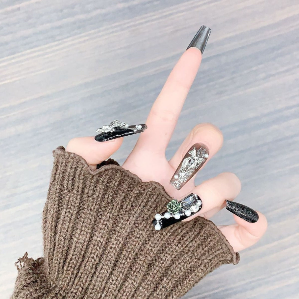 (Hand-Made Nail) Heavy Industry Super Long Ladder Hand-Worn Nail Tip Manicure Wholesale Nail Tip Nail Patch Rose Flower Sweet Cool Hot Girl