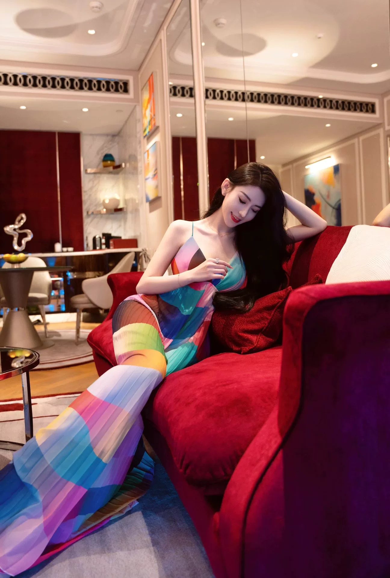 Fashion women's wear Rainbow Striped V-neck Strap Dress Women's Summer Beach Dress Sanya Vacation Style Sexy Backless Slim Fit Long Dress