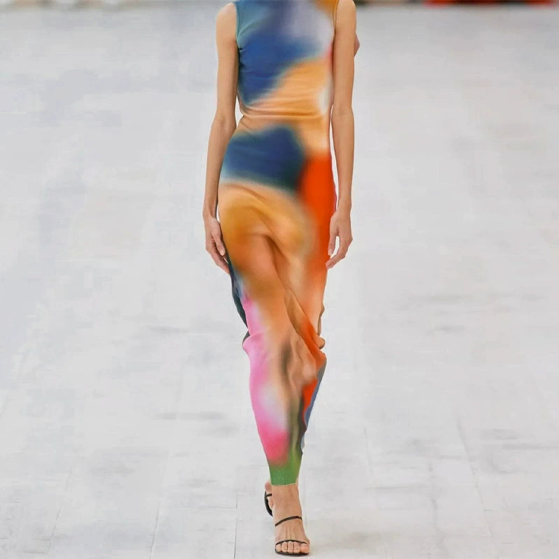 Fashion women's wear European and American Ins Star Tie-Dye Design Sleeveless Dress Summer New Hot Girl Sheath Split Dress Fashion