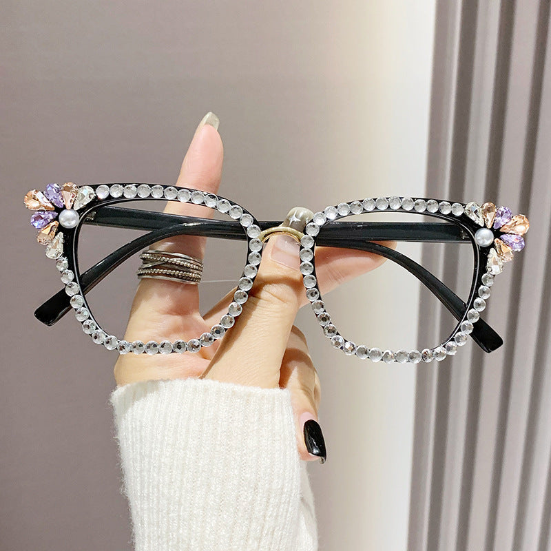 Women's fashion glasses 跨境新款镶钻猫眼太阳镜个性金属鼻梁水钻眼镜欧美街拍墨镜批发
