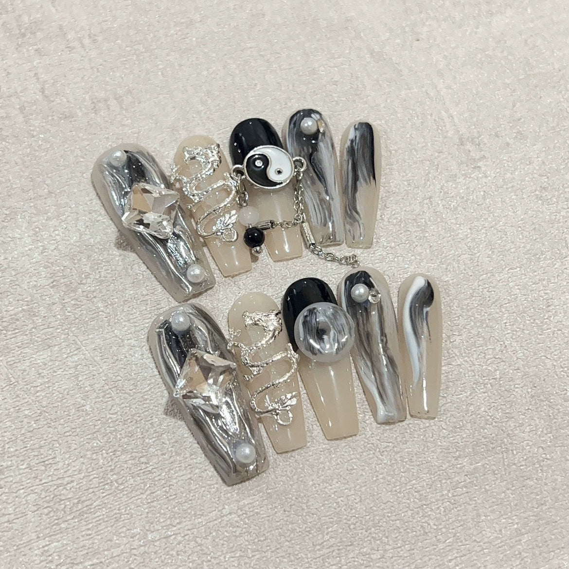 (Hand made nail) [Tai Chi] Handmade armor wearing ink style long ladder chain with detachable Chinese style light therapy nail dragon element cool girl