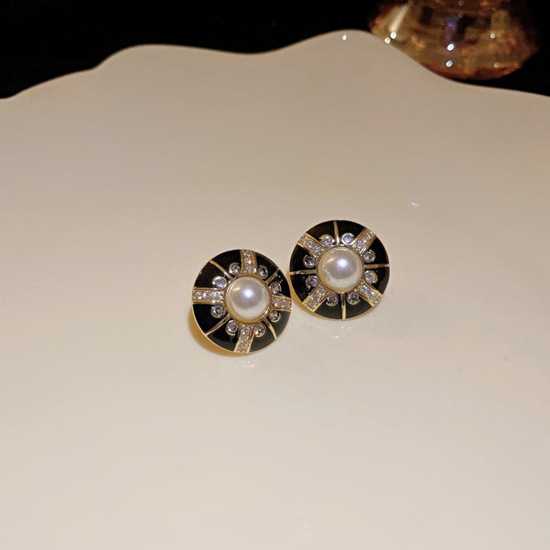 中古镶钻椭圆珍珠耳环夸张个性设计感耳钉小众复古高级感耳饰批发