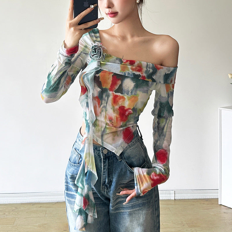 Free shipping  new women's clothing solid color slim-fitting street fashion diagonal collar long-sleeved top women tops