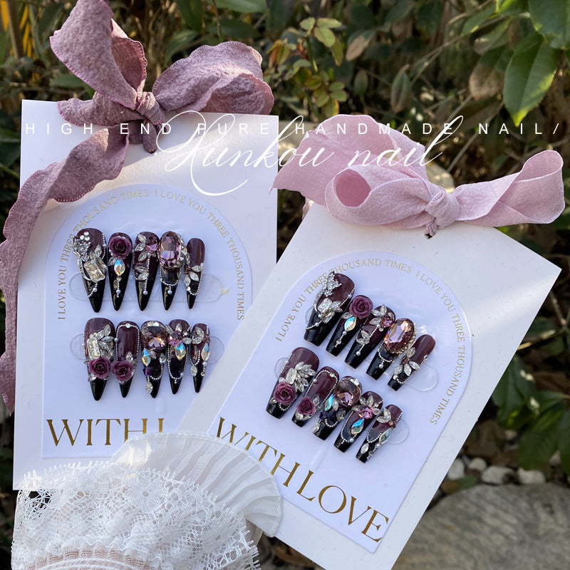 (Hand-Made Nail) Handmade Wear Nail Factory Straight Hair Huazi Purple Heavy Industry Gradient Butterfly Flower Advanced Blooming Manicure