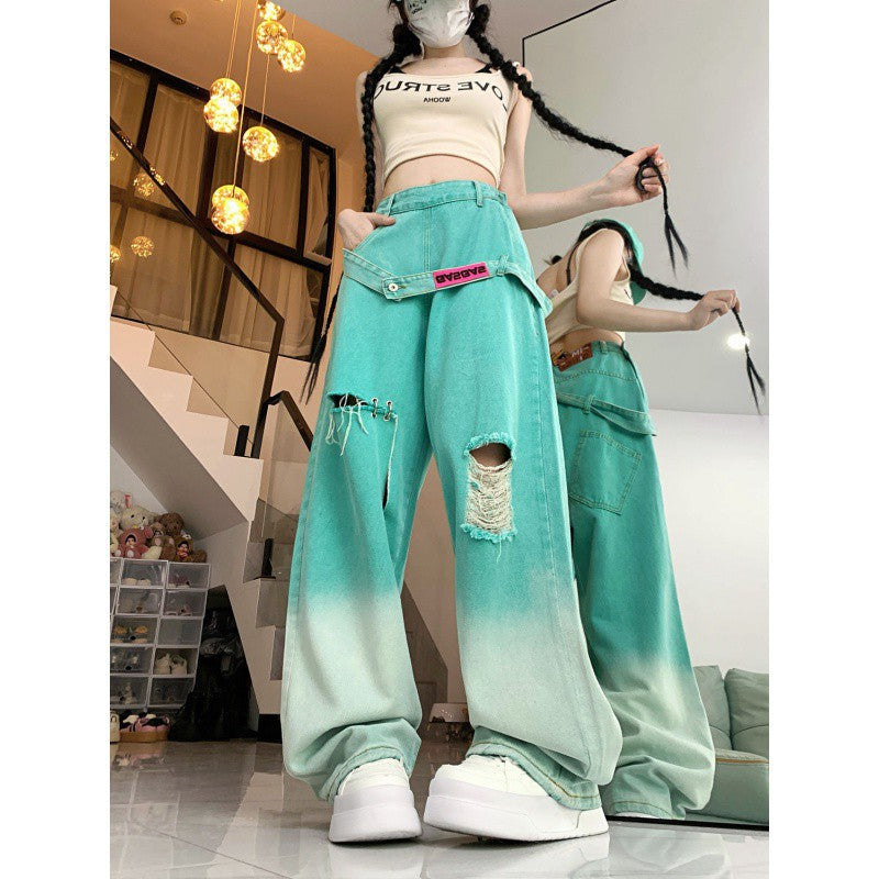 Dopamine pants Free shipping Tattoo Gradual change color ripped dopamine wear jeans women's summer new high waist thin loose meat wide leg pants tide
