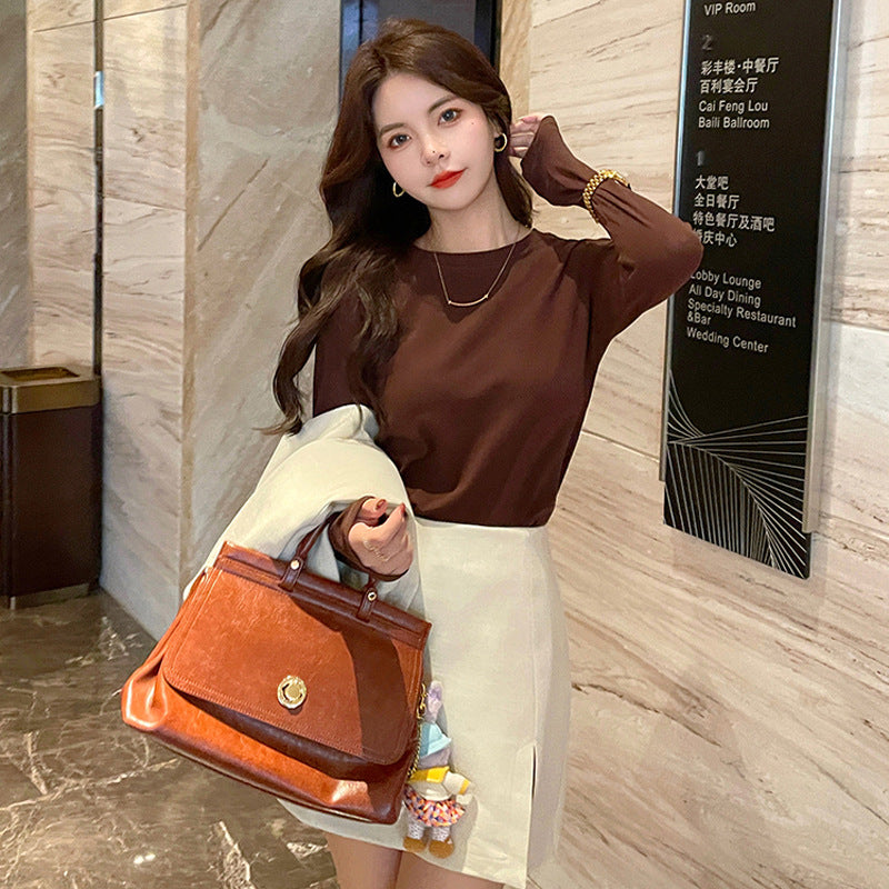 Free shipping Tattoo Crew neck bottoming shirt women's inner wear 2024 early autumn white long-sleeved t-shirt women's modal top outside tops