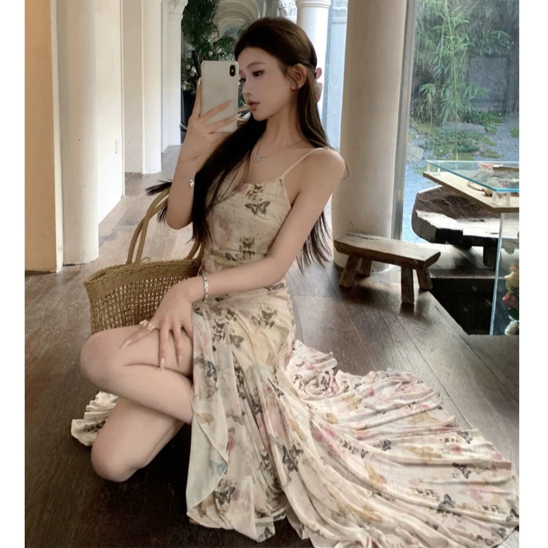 Fashion women's wear Beautiful Small Skirt Seaside Holiday Floral Strap Dress Tea Break French Style Temperament Slim-Fit Sheath Fishtail Long Skirt