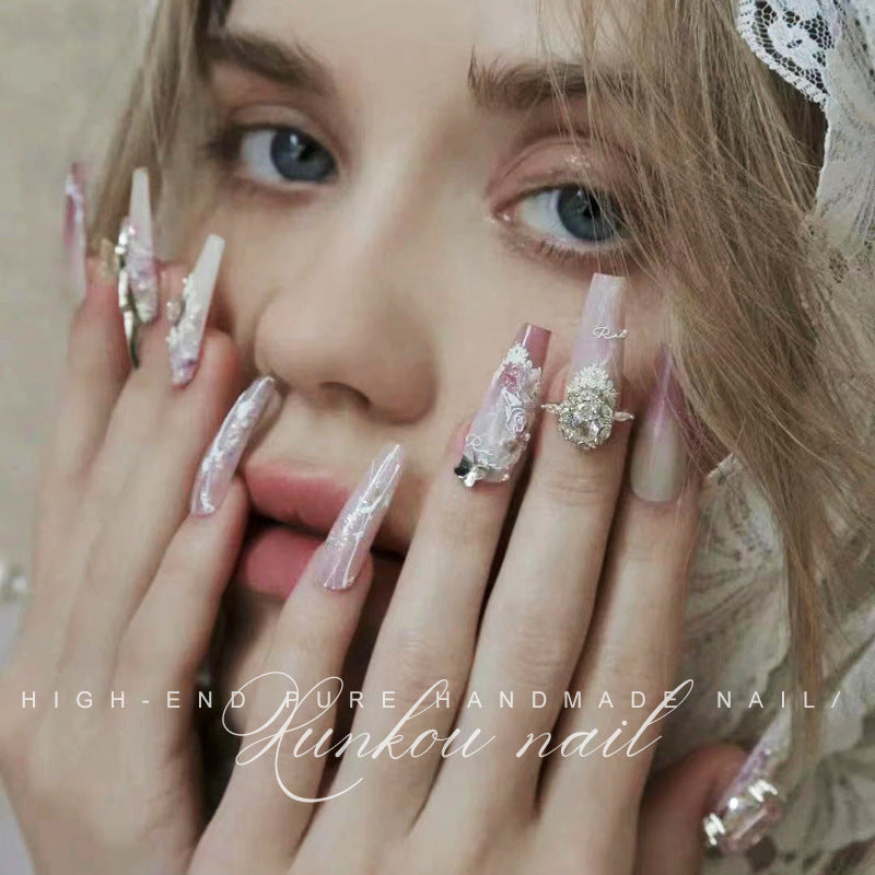 (Hand-Made Nail) Purple White Heavy Industry Secret Garden Flash Pink Diamond Pearl Sequins Hand-Worn Nail Beauty Ins Style Disassembly