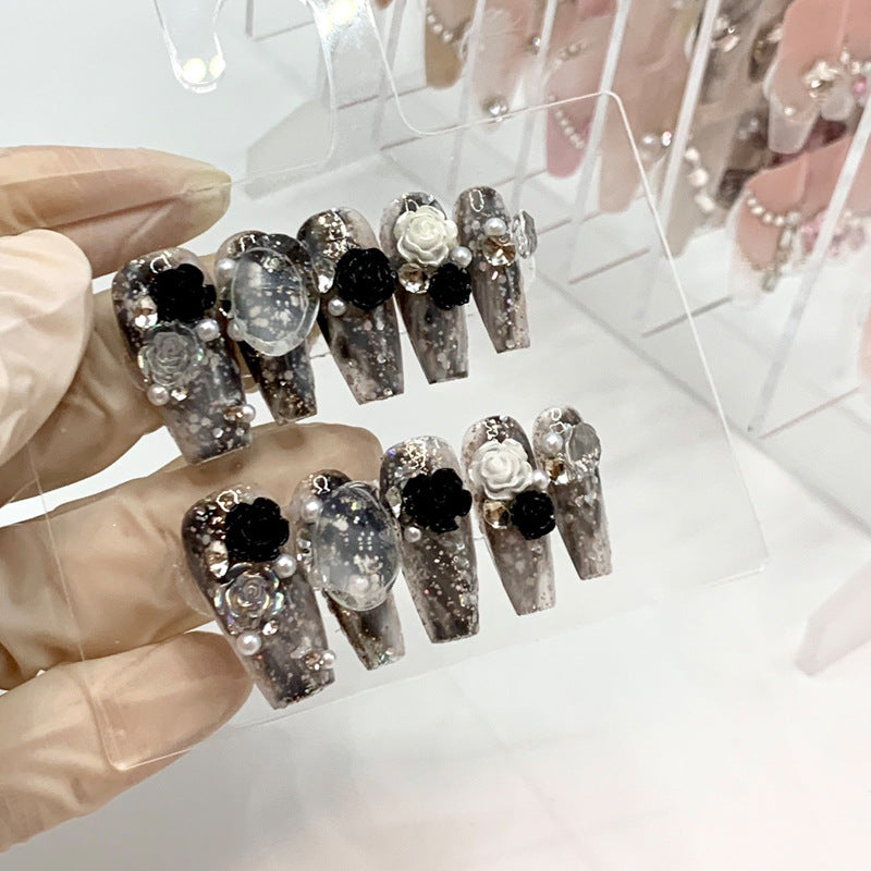 Hand-Made Nail Mid-Length Heavy Industry Stick-on Crystals Camellia Advanced Sense 2023 New Detachable Finished Nail Art