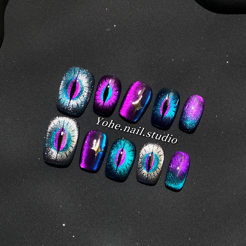 (Hand-made nail) Yoho Studio Phantom Eye Cat Eye Ins Wind Wearing Nail Art Custom Fake Nails Handmade Custom Short Nails