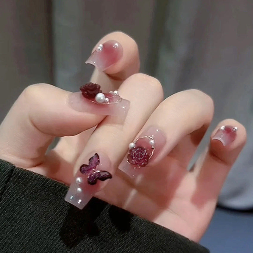 Fashion  nail Dark Rose Red Butterfly Wear Armor Nail Stickers Nail Sticker Nail Patch Finished Blush Nail Shaped Piece A5