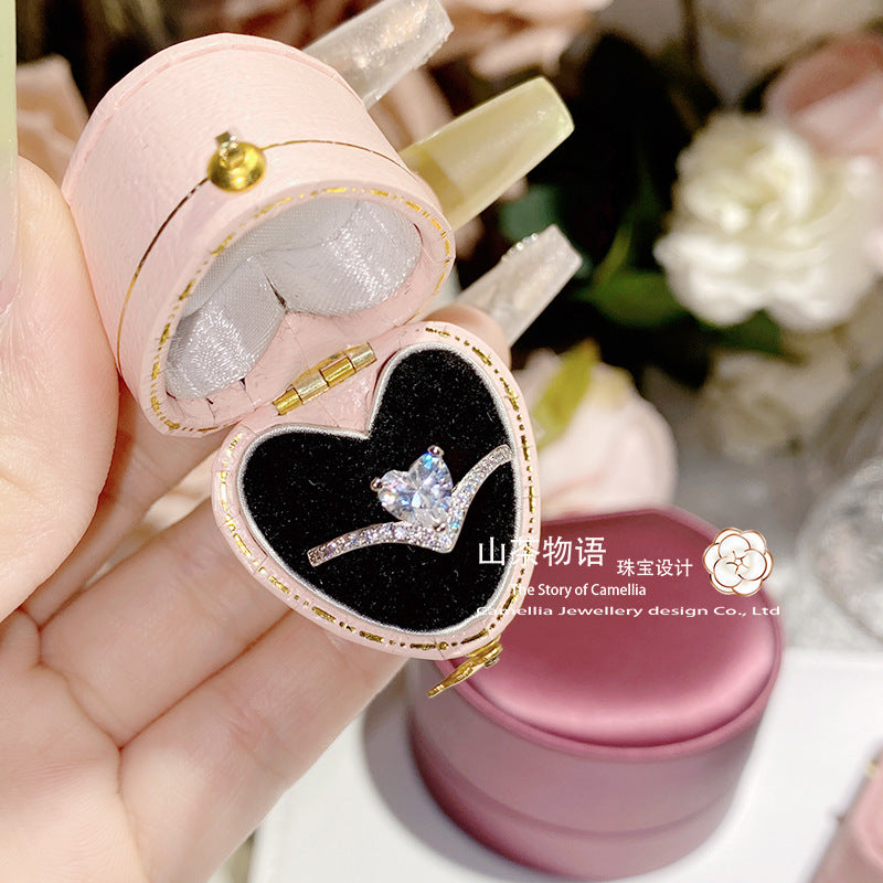 山茶韩版新品简约小众设计高级爱心戒指  微镶满钻超闪桃心开口戒