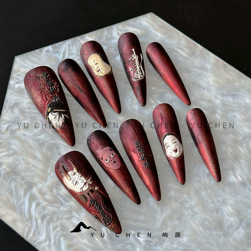 (Hand made nail) Yu Chen Original | Divine Ghost Chaos Power Dark Nail Wearing Collection Waste Soil Wind Red Matte Handmade Original Design