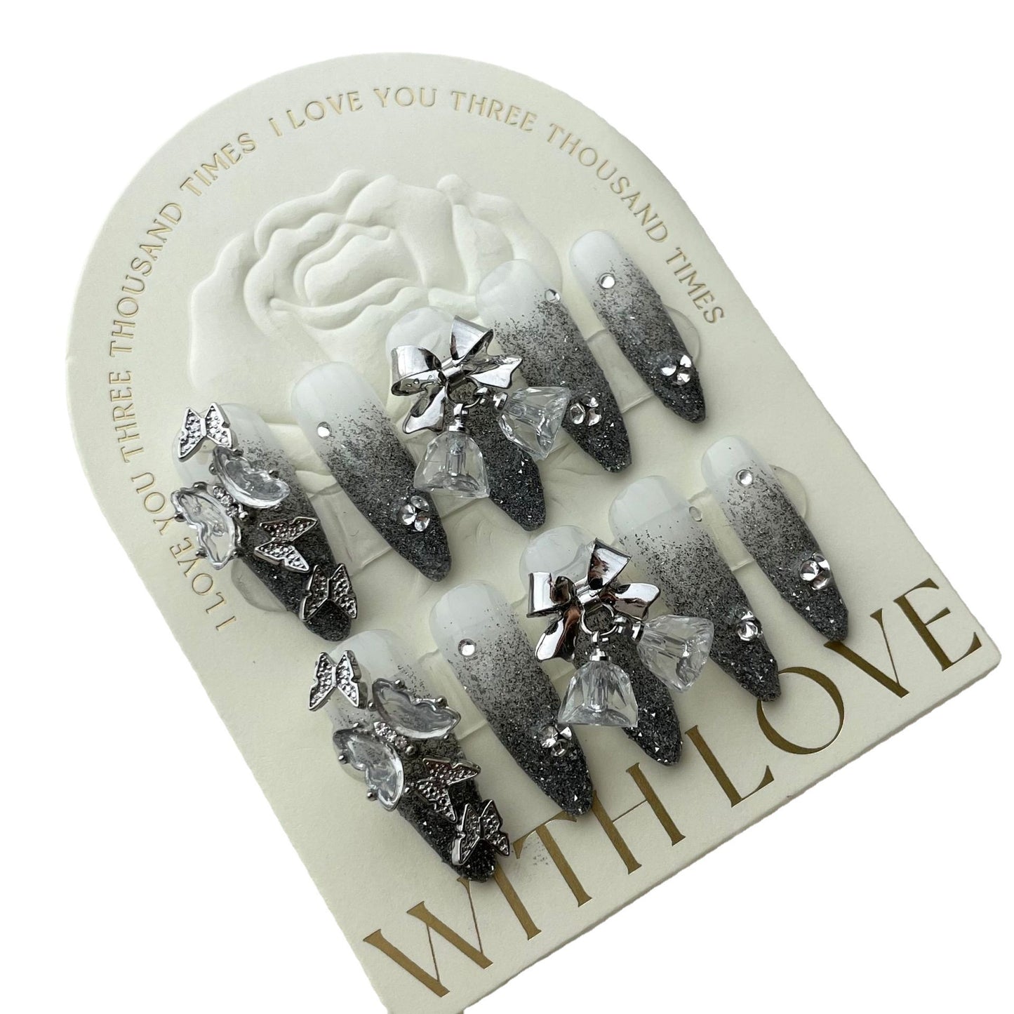 (reusable nail)【 Pure Handmade Real Shot 】 New Jumping Snowflake Gradient Grey Velvet Butterfly Broken Diamond Advanced Nail Long Style