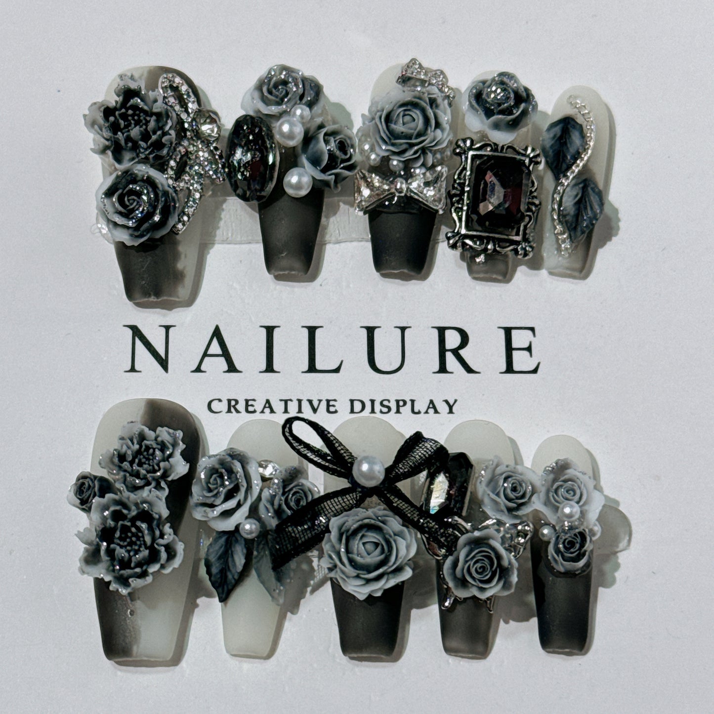Original Manicure Advanced Carved Black and Rose Red Jiangnan Ink and Wash Style Internet Celebrity Manicure Wear Nail
