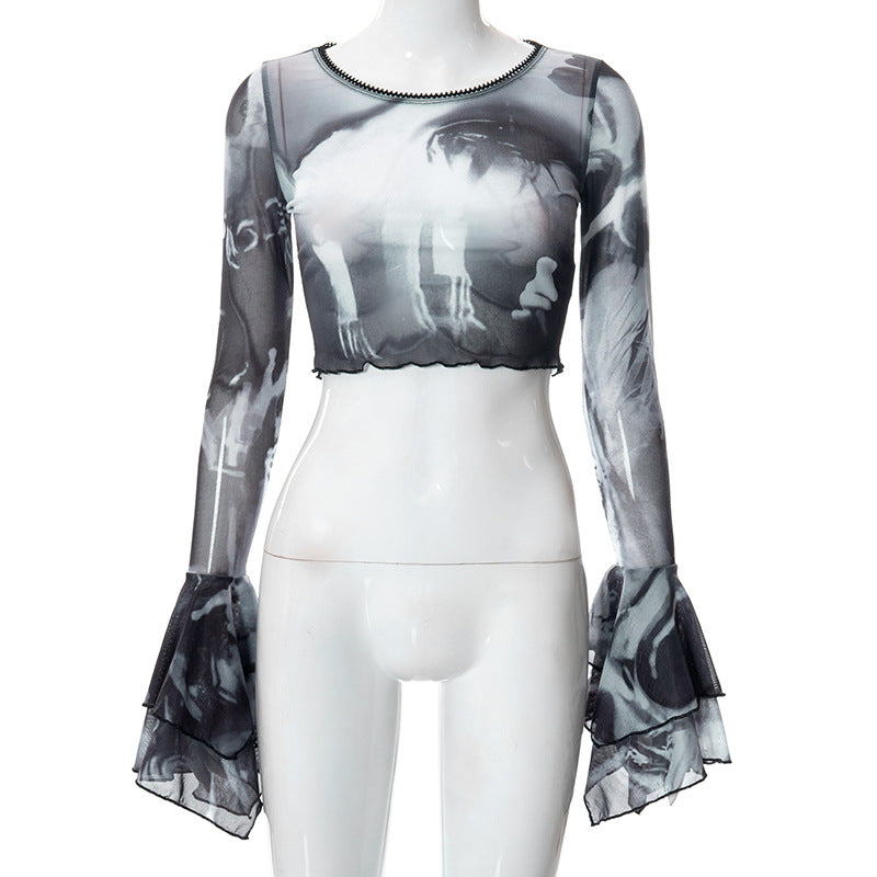 Fashion women's wear Q22tp146 Summer New 2024 Printed round Neck Pullover Horn Long Sleeves Cropped Casual   Women's Clothing Top