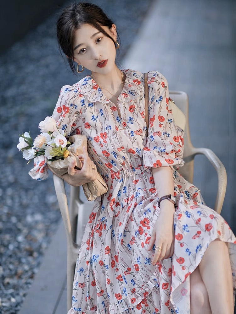 Dopamine dress Free shipping Tattoo French Temperament Short Sleeve Muse Fan Bubble Sleeve Floral Dress Early Autumn Dopamine Wear Waist Skinny Skirt
