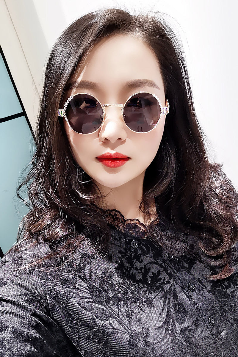 Women's fashion glasses 跨境款水钻复古圆形墨镜女小脸款港味太阳镜防紫外线素颜神器眼镜