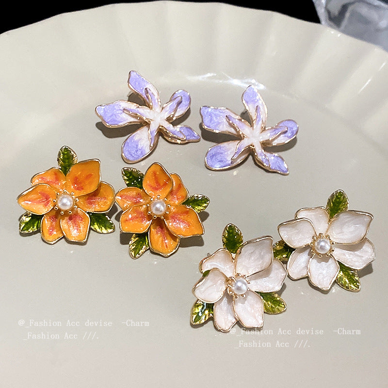 银针滴油渐变花朵耳钉小众时尚设计感耳环清新百搭创意耳饰批发女
