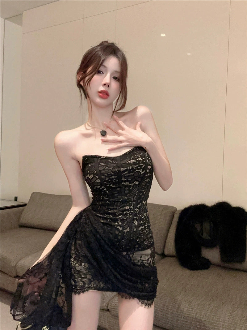 Fashion women's wear Dress Women's American Hot Girl Style Refined Handmade Lace Crocheted Strapless Dress Winter New Fashionable Ribbon Hip Skirt