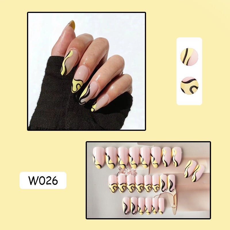黄黑线条穿戴甲不规则nails 跨境美甲片外贸假指甲杏仁甲美甲贴片