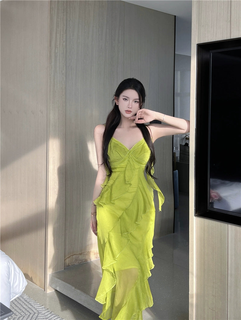 Fashion women's wear Tea Break Is Very Beautiful Spaghetti-Strap Ruffle Dress Design Sense Niche Super Fairy Two-Piece Suit Vacation Fairy Long Skirt
