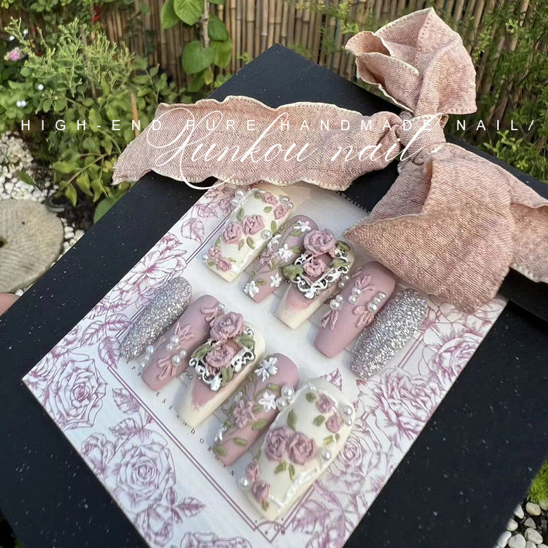 Hand-Made Nail Beauty Flower Three-Dimensional Sweet Fresh Temperament Korean Style Baby Pink Ice Cream Rose Hand-Painted