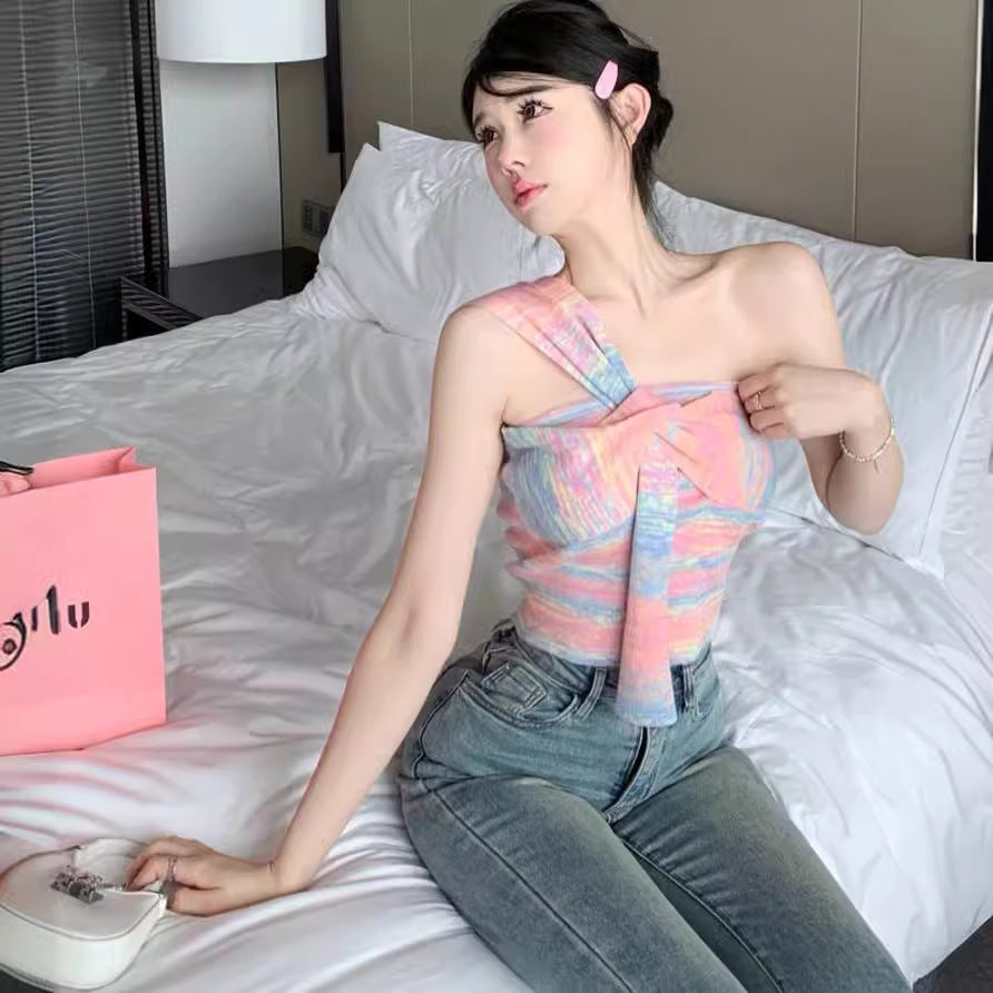 Dopamine tops Free shipping Tattoo Dopamine Color Striped Irregular Suspender Vest Women's Summer Outside Pure Desire Sweet Spice Girl Tube Top Bottom Top