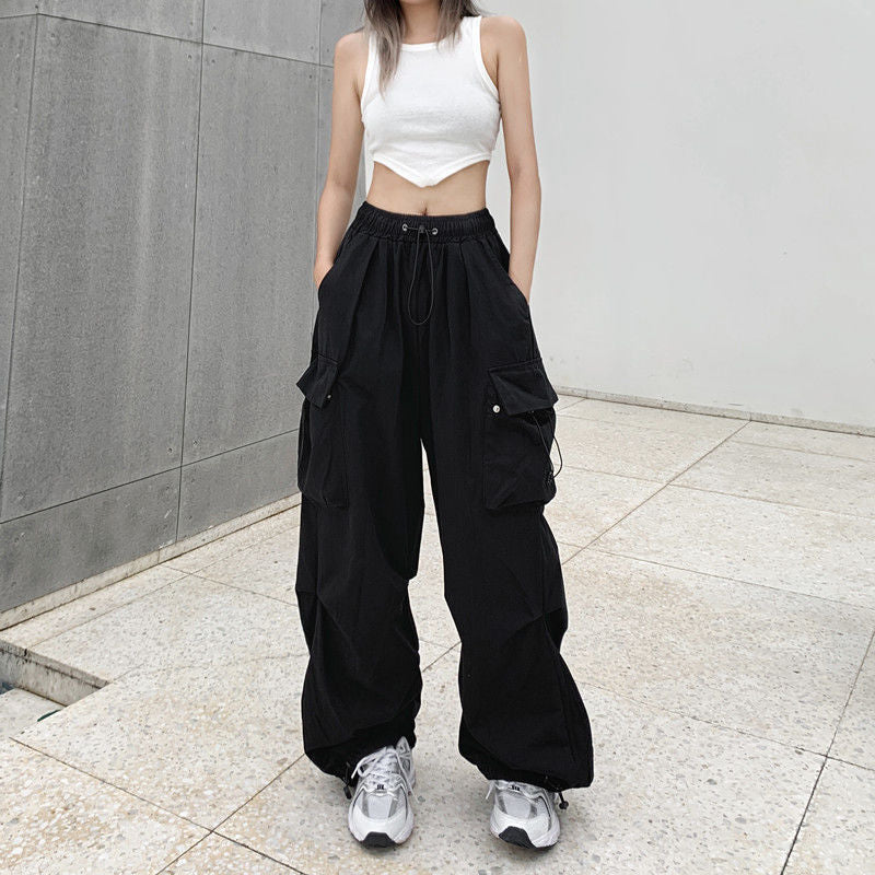 Fashion women's wear Overalls Women's 2024 Summer New American Parachute Pants High Waist Wide Leg Leisure Drawstring Sports Pants Fashion