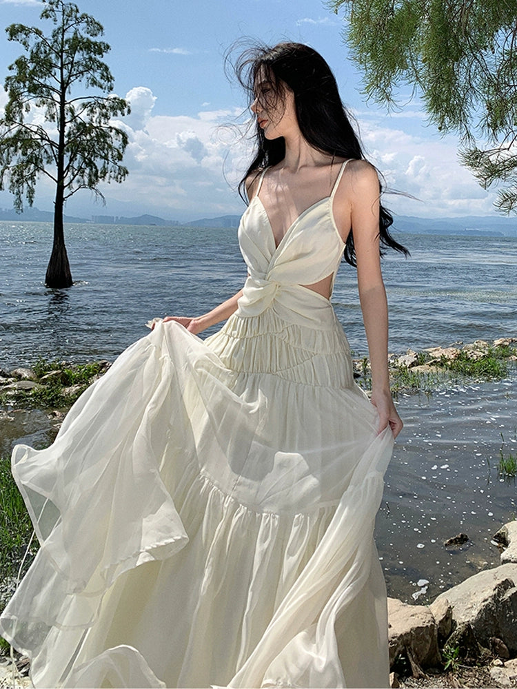 Fashion women's wear Tea Break French Advanced Sexy Backless Spaghetti Straps Dress Fairy Lady Super Fairy Gorgeous Seaside Vacation Beach Dress