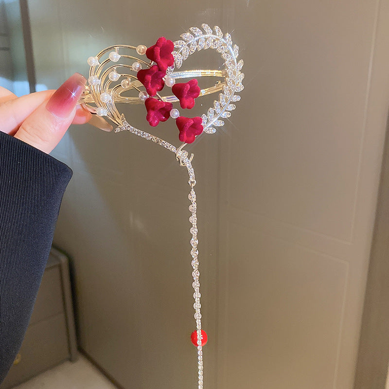 红色植绒花朵流苏发夹2023新款高级感抓夹甜美百搭头饰发饰批发女
