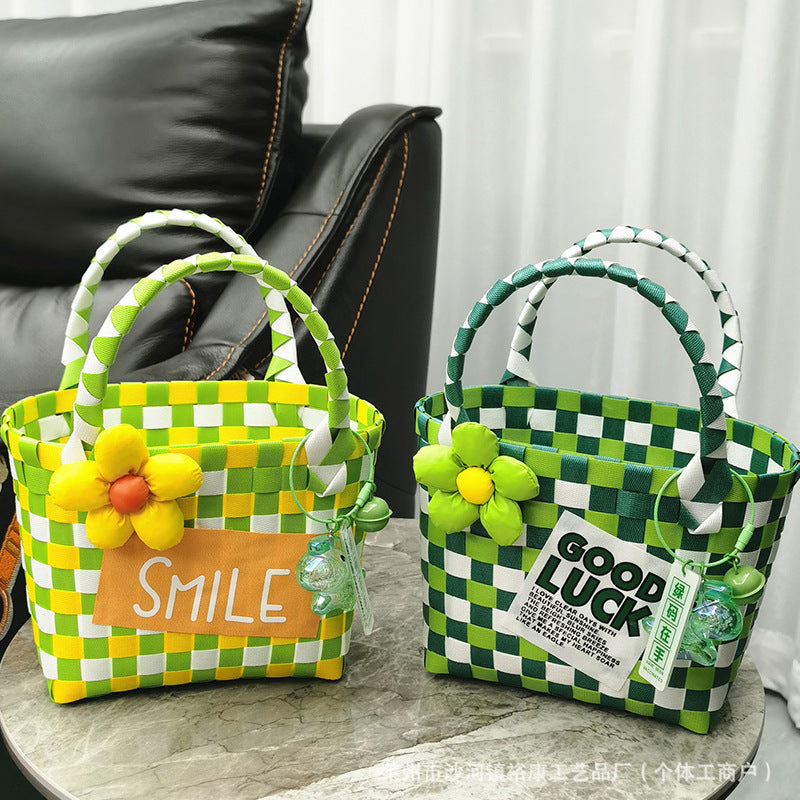 Dopamine Bag Free shipping Tattoo Cartoon dopamine plastic woven bag, trendy macaron hand-woven vegetable basket bag, cute casual seaside beach bag