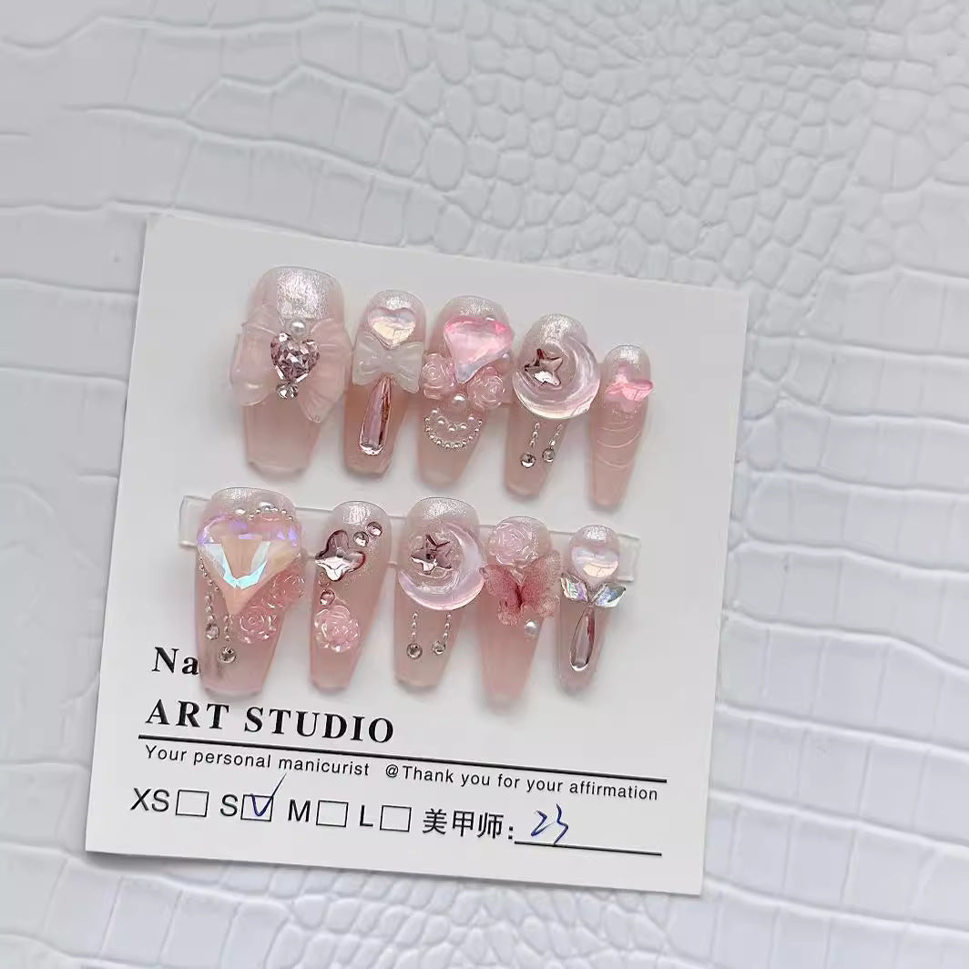 (Hand-Made Nail) Pure Desire Clear Feeling Gentle Fairy Girl Pile Rhinestone Nail Stickers Fake Nail Patch Wear Nail Tip Finished Product Detachable