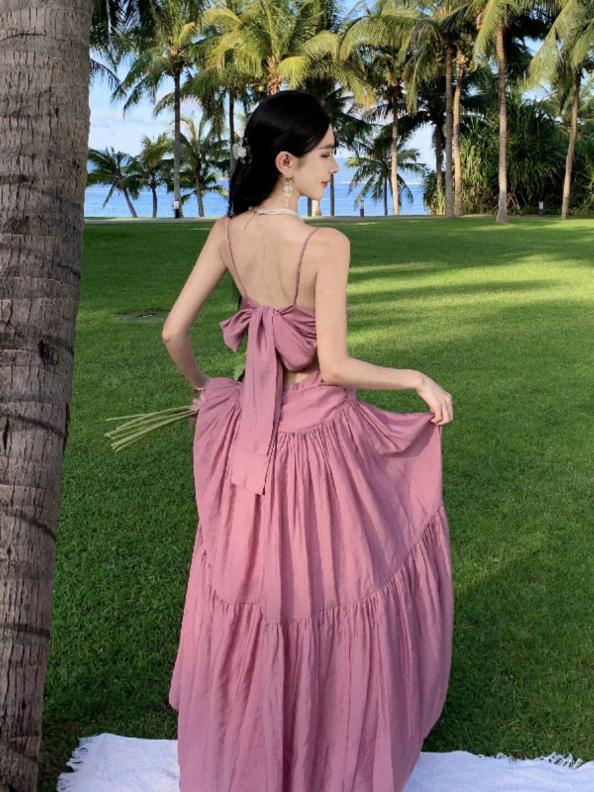 Fashion women's wear Beautiful Dopamine Special-Interest Design Lace-up Pleated Backless Vacation Style Sling Dress High-Grade Sense Temperament Long Dress