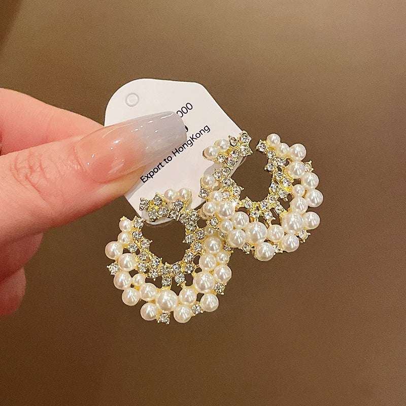 银针镶钻珍珠几何耳环法式小众设计感耳钉复古高级感百搭耳饰批发