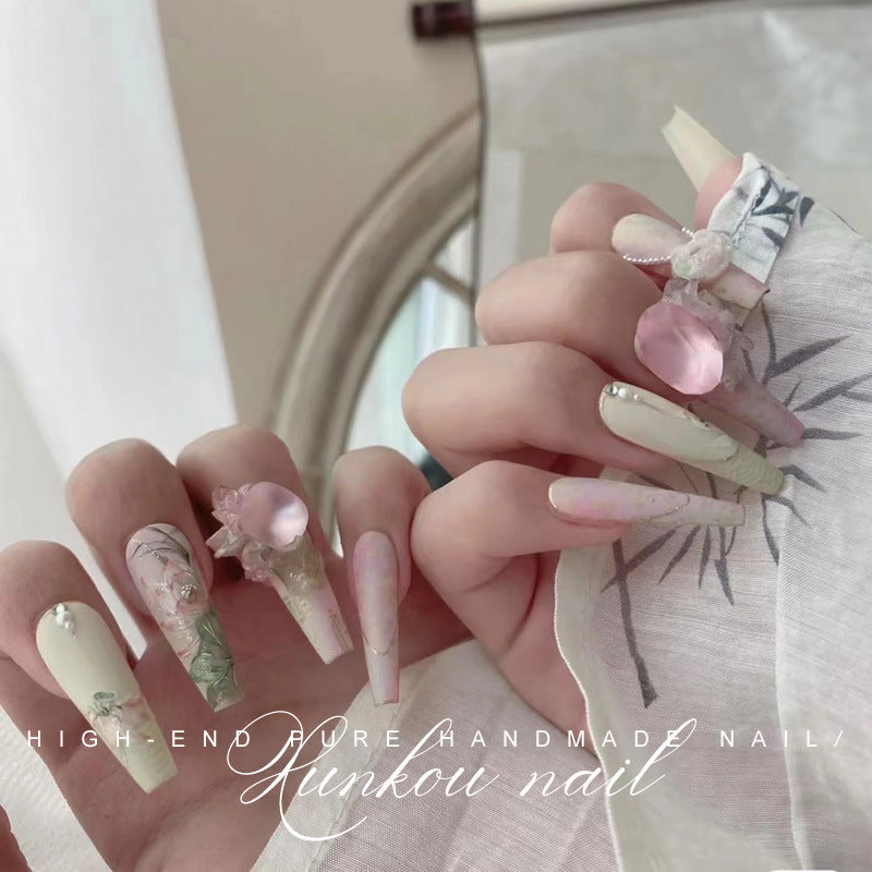 (Hand-Made Nail) Pure Hand-Wear Nail Manicure Pink Nude Pink Butterfly Flash Big Diamond Ice Transparent Fairy Disassembly Heavy Industry Hand-Painted