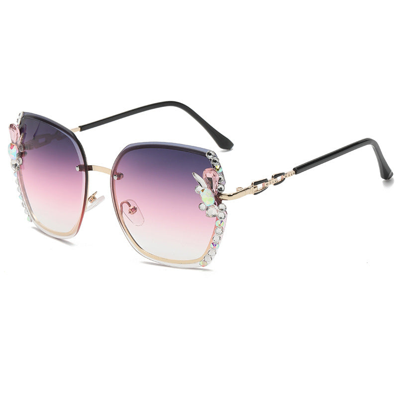 Women's fashion glasses 2022欧美新款大框切边水钻太阳镜眼镜大脸显瘦镶钻墨镜女防紫外线