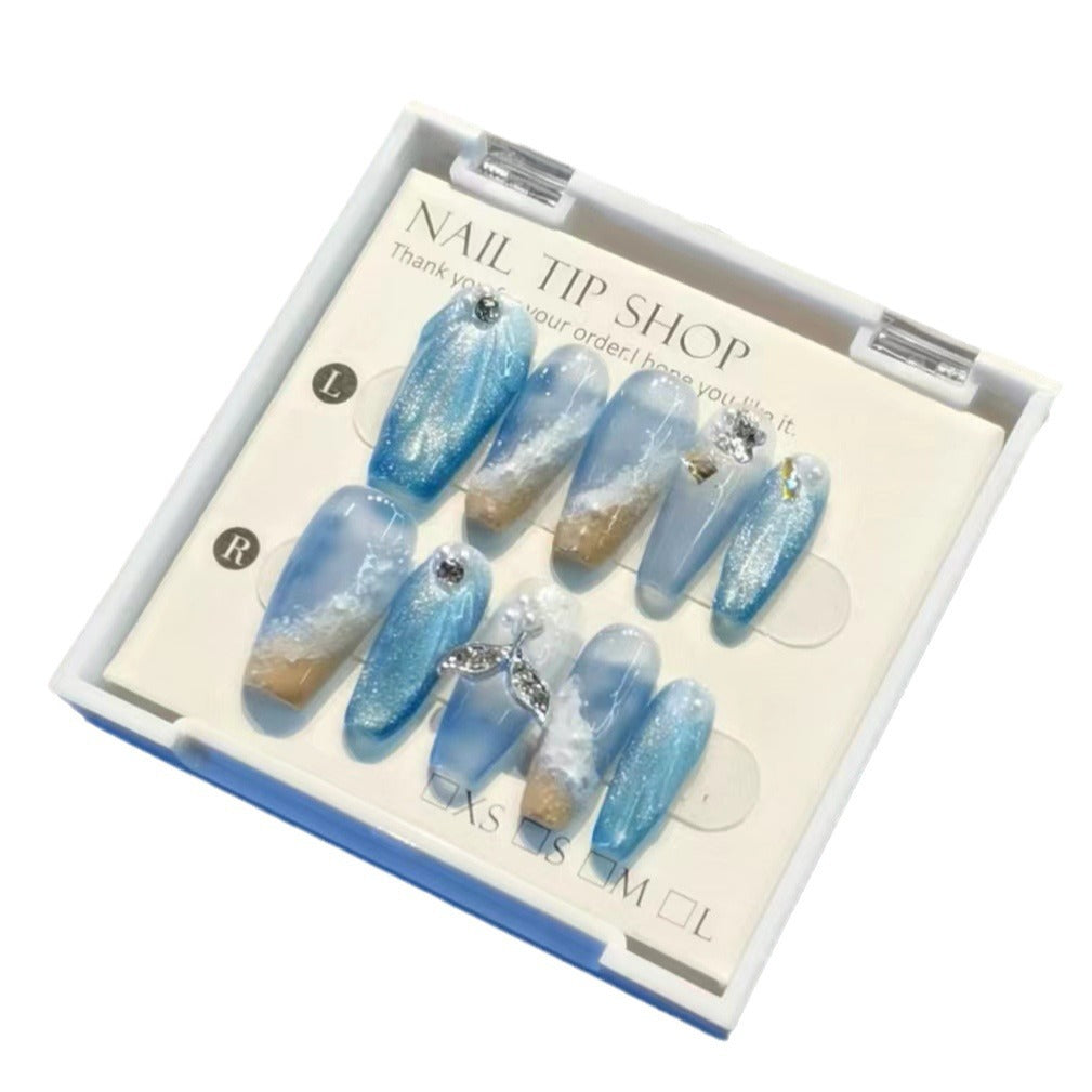 (Hand-Made Nail) [in the Sea] Whale Falling Hand-Worn Armor Hand-Made Advanced Beach HAILANG Blue Manicure Fake Nails Nail Tip