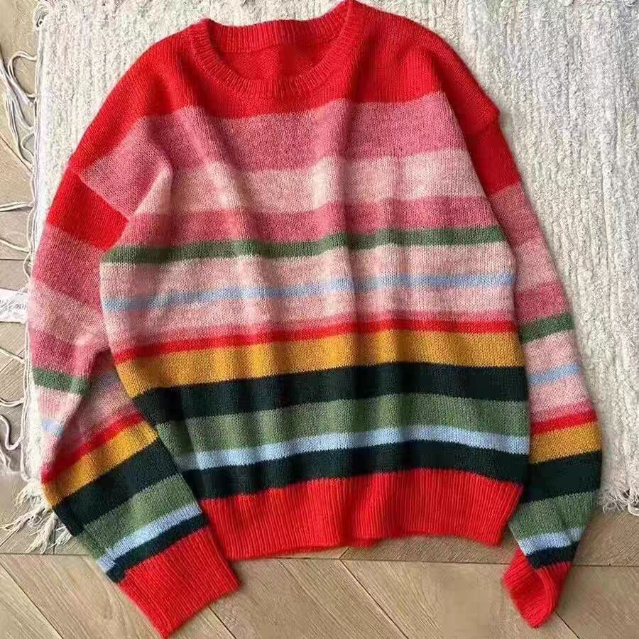 Dopamine tops Free shipping Tattoo 2024 autumn and winter new dopamine wear age-reducing rainbow knitted striped temperament soft waxy lazy wind loose sweater