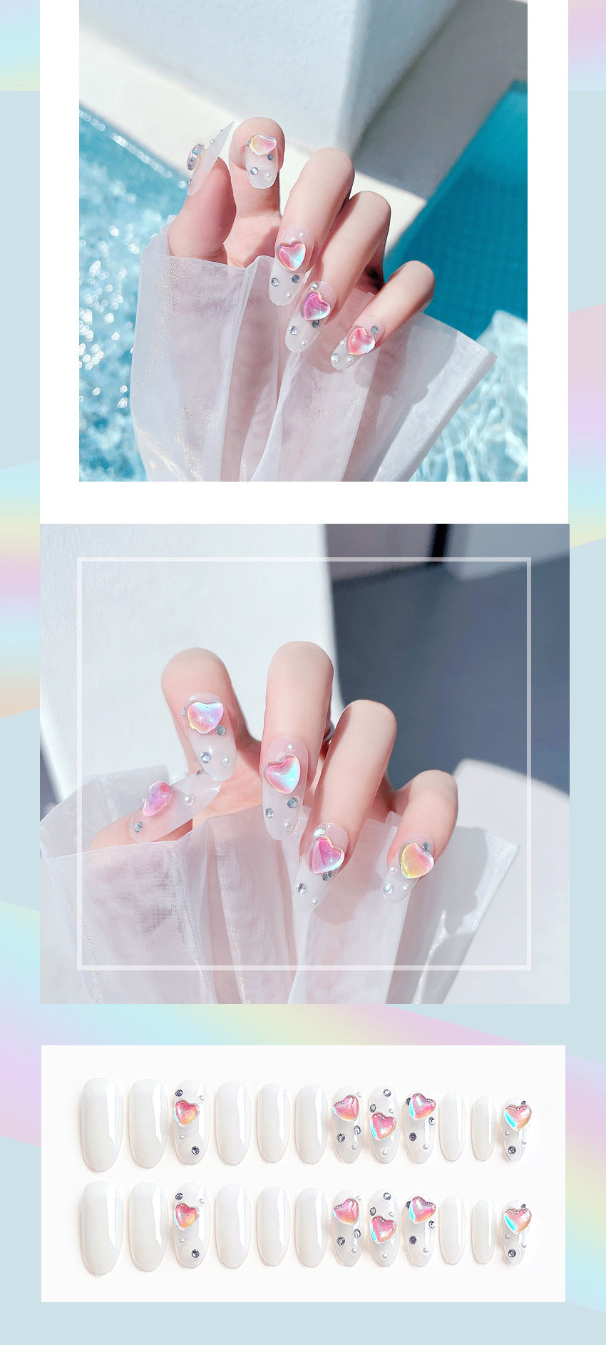 Fashion  nail Pure Desire to Ice through Aurora Love Heart Wear Armor 24 Pieces Boxed Fake Nails Wholesale Magic Color Manicure X70