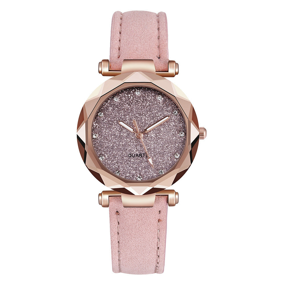 Fashion women's watchForeign Trade Popular Style Silver Pink Rhinestone Face Women's Watch Frosted Leather Watch Strap Women's Casual Trend Two-Piece Set Wrist Watch
