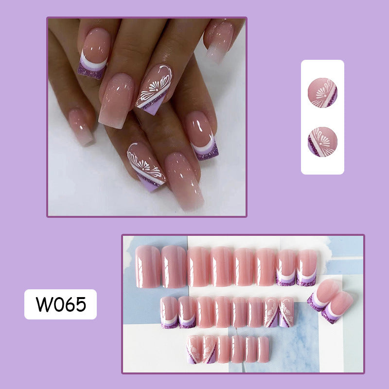 紫色法式穿戴甲花纹nails 法式跨境美甲片外贸假指甲长甲美甲贴片