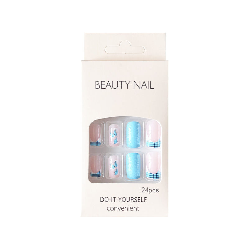 天蓝蝴蝶穿戴甲清新nails 法式跨境美甲片外贸假指甲长甲美甲贴片